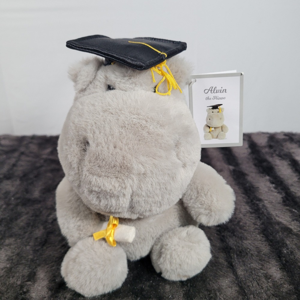Aurora World Alvin the Hippo Graduation Plush Stuffed Animal Grey 86187 NWT